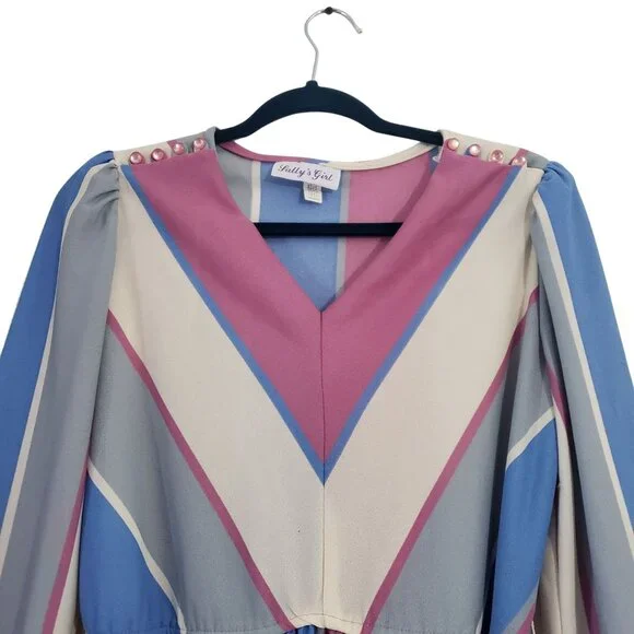 Vintage 70s Sallys Girl Striped Long Sleeve Dress Size 12 Retro Mod Boho Gla - Picture 9 of 14